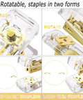 Gold Desk Accessories Set With Acrylic Stapler showing rotatable stapling with two forms for temporary and long-term use