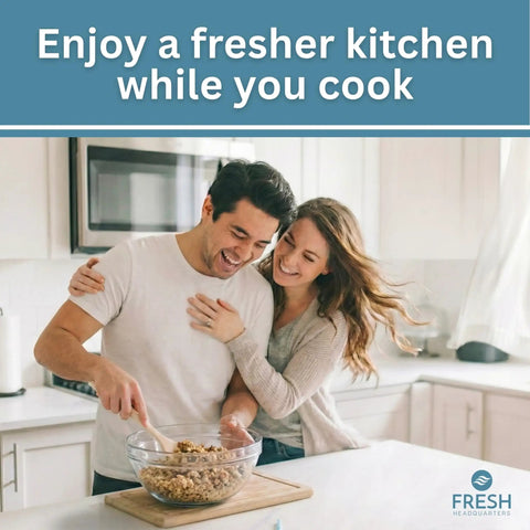 Couple cooking in kitchen, symbolizing impact of Notched Activated Carbon Microwave Hood Filter 2 Pack For Whirlpool OTR, KitchenAid Models.