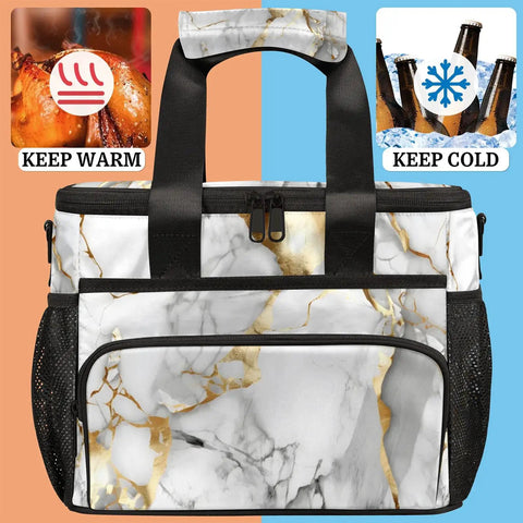 Insulated Picnic Backpack With Marble Gloss Finish, Spacious Lunch Tote Bag, front view, highlighting keep warm and cold symbols