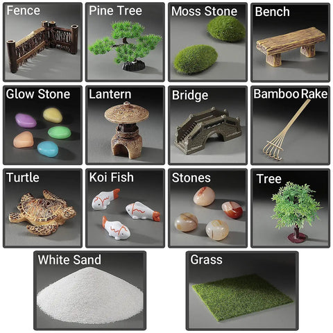 Desktop Zen Garden Kit For Your Desk Or Office, DIY Zen Garden Set with pine tree, moss stone, bench, lantern, bamboo rake, and sand.