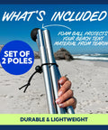 Replacement Beach Tent Poles For 10x10ft Beach Tent, 6.6ft Length, shown with foam ball tops and nylon cord connectors on beach