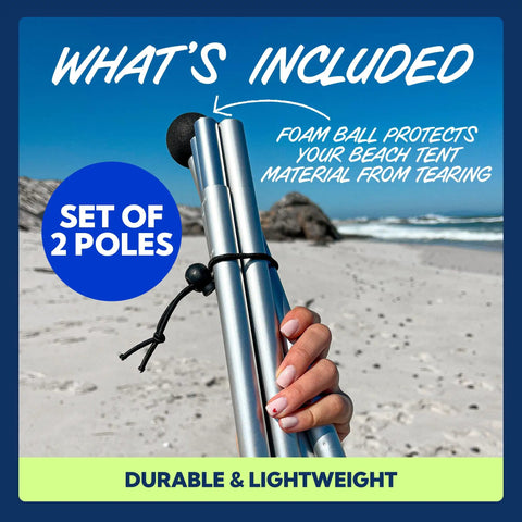 Replacement Beach Tent Poles For 10x10ft Beach Tent, 6.6ft Length, shown with foam ball tops and nylon cord connectors on beach