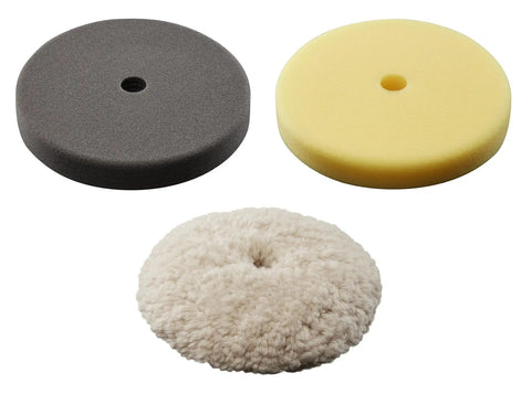 7 Inch Polishing And Finishing Pad Kit For Dual Action Polisher Easy Centering Hole For Quick Pad Alignment Compatible With All 7 Inch Hook And Loop Backing Pads Includes 49-36-2783 2784 2785 showing three pads.