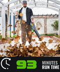 Man using Cordless 60V Electric Leaf Blower With 810 CFM And Variable Speed to clear leaves, showing 93 minutes run time