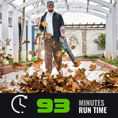 Man using Cordless 60V Electric Leaf Blower With 810 CFM And Variable Speed to clear leaves, showing 93 minutes run time
