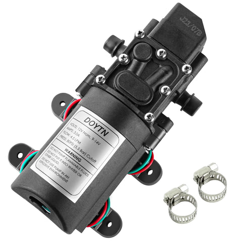 12V Diaphragm Water Pump One Point Two GPM 80 PSI Self Priming Sprayer Pump With Pressure Switch And Hose Clamps shown