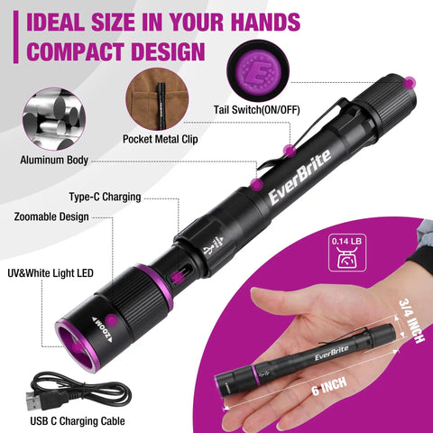 Rechargeable Pen Flashlight With UV And White Light 395nm, aluminum body, clip, USB-C, zoomable, in hand illustration.