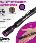 Rechargeable Pen Flashlight With UV And White Light 395nm, zoomable clip light, USB C charging shown with dimensions and features