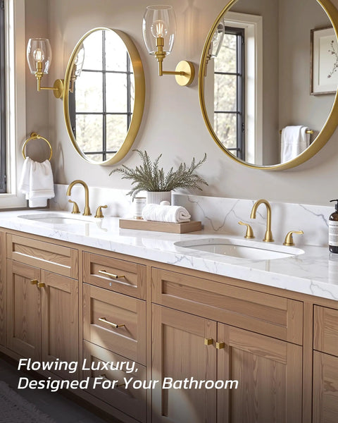 Dope Brushed Gold 8 Inch Widespread Bathroom Faucet With Two Handles And Drain Assembly For 3 Hole Sinks Mid Century Modern Style