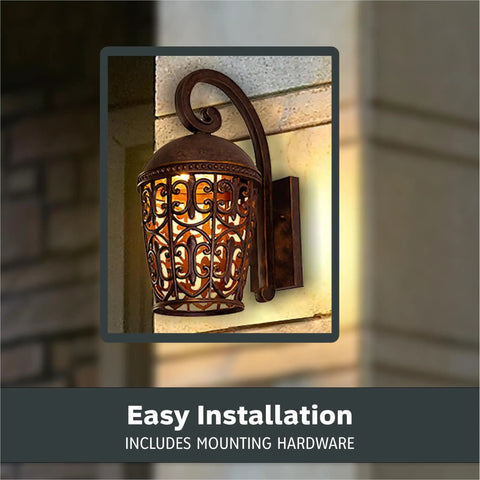 Outdoor Wall Lantern Sconce For Front Door And Patio, 21.25 Inch Exterior Light Fixture In Burnt Umber Finish, Modern Cage Shade Design To Level Up Your Curb Appeal, Weatherproof Exterior Lighting For Porch shown mounted with easy installation note.