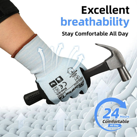 Person wearing Six Pairs Heavy Duty Work Gloves With Sandy Nitrile Coating holding a hammer, showcasing airflow for comfort.