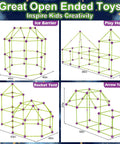 Diagram showing building options with Glow In The Dark Fort Building Kit 140 Piece STEM DIY Castle And Tunnel Build Set For Kids Ages 4 5 6 7 8 Plus Great Christmas And Birthday Gift For Boys And Girls.