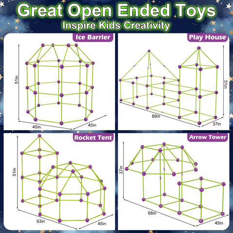 Diagram showing building options with Glow In The Dark Fort Building Kit 140 Piece STEM DIY Castle And Tunnel Build Set For Kids Ages 4 5 6 7 8 Plus Great Christmas And Birthday Gift For Boys And Girls.