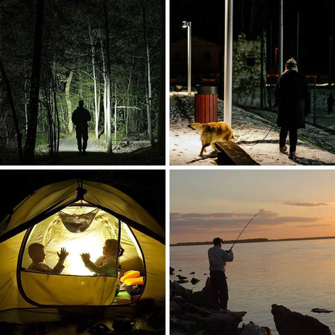 Cordless LED work light for 18V batteries illuminating outdoor activities at night, including camping and fishing scenes.