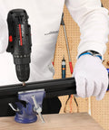 Person using a drill with the Heavy Duty Tough As Nails Three Inch Bench Vise Featuring A Rock Solid 360 Degree Rotating Base And Sure Grip Jaws For Woodworking Milling And Quick Diy Workshop Tasks.
