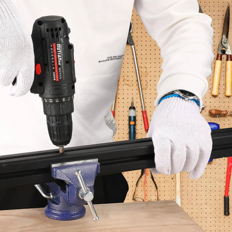 Person using a drill with the Heavy Duty Tough As Nails Three Inch Bench Vise Featuring A Rock Solid 360 Degree Rotating Base And Sure Grip Jaws For Woodworking Milling And Quick Diy Workshop Tasks.