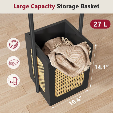 Coat Rack Stand With Wooden Base And Rattan Design Three In One Clothes Organizer With Six Hooks Small Rack storage basket