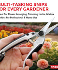 Hand holding K18A Straight Pruning Shears Florist Scissors Multi Tasking Garden Snips for arranging flowers and trimming plants.