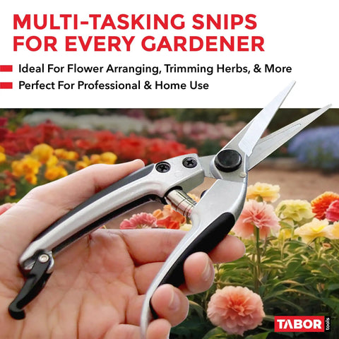 Hand holding K18A Straight Pruning Shears Florist Scissors Multi Tasking Garden Snips for arranging flowers and trimming plants.