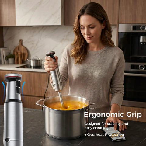 Woman using Workhorse Immersion Blender With 1200W Motor Four Blade Stainless Steel Mixing Wand in pot of soup.