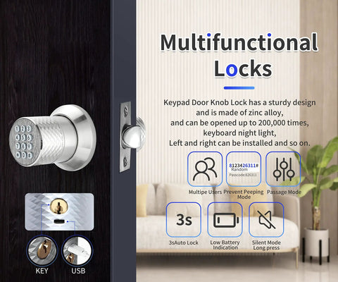 Keyless Entry Door Knob With Keypad for Home and Office, zinc alloy, shows auto lock, multifunctional features, and child proofing.