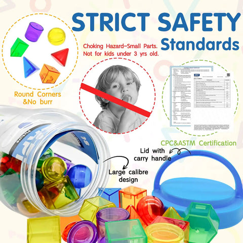 Image showcasing 60-Piece Kid-Friendly 3D Shapes For Kids Translucent Geometric Set For Light Table Play And STEM Learning with safety info.