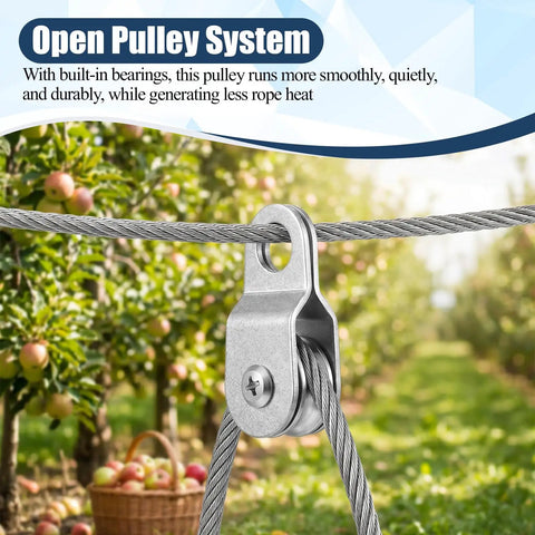Open Pulley System Snatch Block With Bearing for Smooth Rope Feeding mounted on steel cable in an orchard