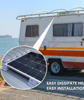 Close-up of Easy Install No Drill RV Solar Panel Roof Mount Kit on campervan near water with 7 piece white brackets visible.
