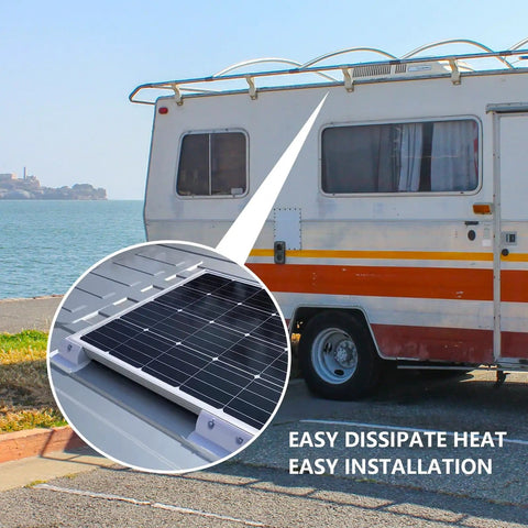 Close-up of Easy Install No Drill RV Solar Panel Roof Mount Kit on campervan near water with 7 piece white brackets visible.