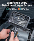 Two Way Articulating Borescope With 5 Inch IPS Screen showing engine details in use for automotive inspections.