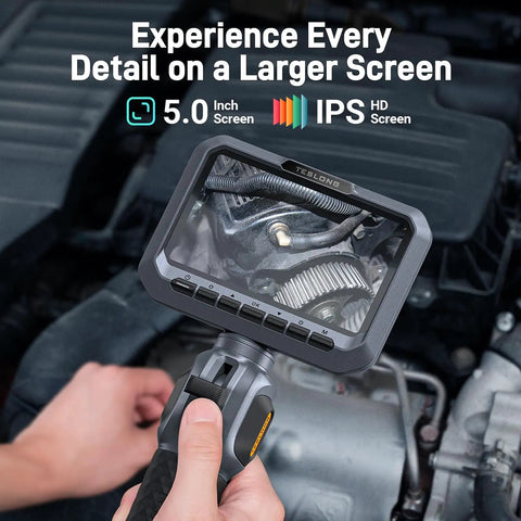 Two Way Articulating Borescope With 5 Inch IPS Screen showing engine details in use for automotive inspections.
