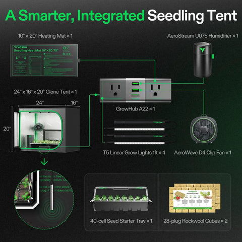All In One Indoor Plant Propagation Kit With 24x16x20 Clone Tent, Four T5 Full Spectrum Grow Lights, Seed Starter Tray, Heat Mat, Humidifier, And Clip Fan For Easy Germination And Cloning