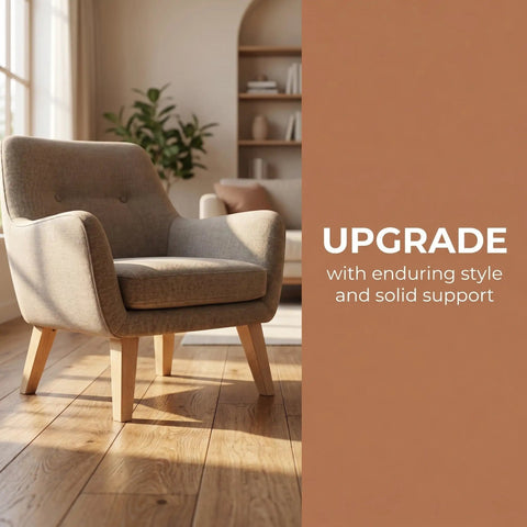 Beige chair with Heavy Duty Square Wood Furniture Leg Set For Sofa Couch Table Chair And Cabinet With Screws Easy Install Riser Legs.