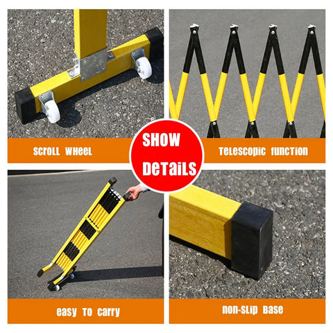 Flexible Expandable Safety Fence With Smooth Rolling Casters For Crowd Control And Room Dividing showing features like scroll wheel, telescopic function, and non-slip base.