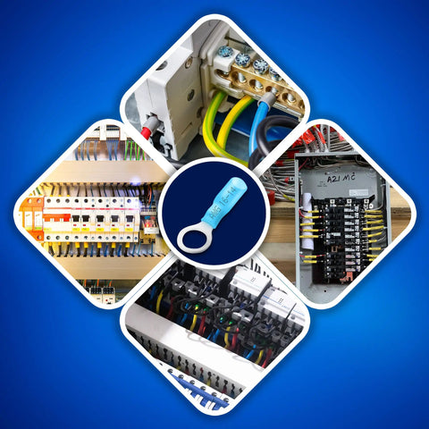 Collage of wiring panels with Heat Shrink Ring Connector Kit with KableSeal Technology in center focus.