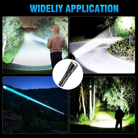 Rechargeable 2000 Lumens LED Flashlight With Long Beam Power Display IPX5 Waterproof in use at night outdoors