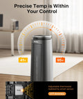 Ceramic Tower Space Heater 1500W With Oscillation Remote Control Programmable Thermostat 8 Hour Timer Eco Mode Tip Over Switch Overheat Protection Fast Heating For Cozy Living Room And Bedroom Gray, shown with digital display of adjustable thermostat.