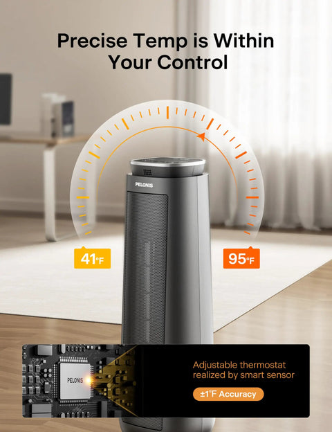 Ceramic Tower Space Heater 1500W With Oscillation Remote Control Programmable Thermostat 8 Hour Timer Eco Mode Tip Over Switch Overheat Protection Fast Heating For Cozy Living Room And Bedroom Gray, shown with digital display of adjustable thermostat.