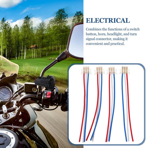 Motorcycle with Horn Experience Switch Connector Kit 4 Piece Wiring Harness shown, featuring copper plastic build for lights and signals.