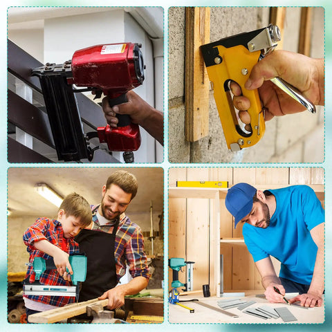 Collage of people using tools, including a brad nailer and stapler, in woodworking and building projects.
