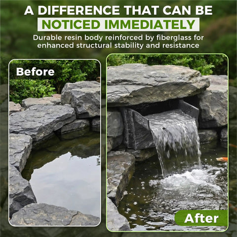 Before and after installation of 8 Inch Wide Rock Lid Waterfall Spillway Kit For Ponds And Gardens with natural gray finish.