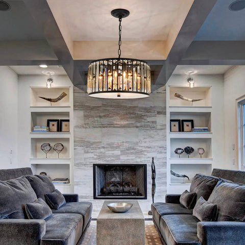 Crystal Drum Chandelier For Dining Room And Kitchen Island, modern 6-light ceiling fixture in living room, black finish