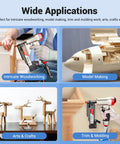 Image showing uses of Pro Quality 23 Gauge Pin Nails 1 3/8 Inch Galvanized Micro Headless Pins in woodworking, model making, crafts.