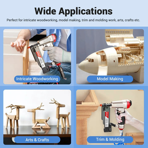 Image showing uses of Pro Quality 23 Gauge Pin Nails 1 3/8 Inch Galvanized Micro Headless Pins in woodworking, model making, crafts.