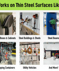 Collage showing uses of 6 Inch Magnetic Hooks with Open Design Holds Up To 45 Lbs On Steel Surfaces Easy Release Patented Non Slip Grip