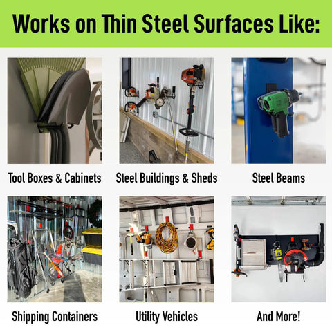 Collage showing uses of 6 Inch Magnetic Hooks with Open Design Holds Up To 45 Lbs On Steel Surfaces Easy Release Patented Non Slip Grip