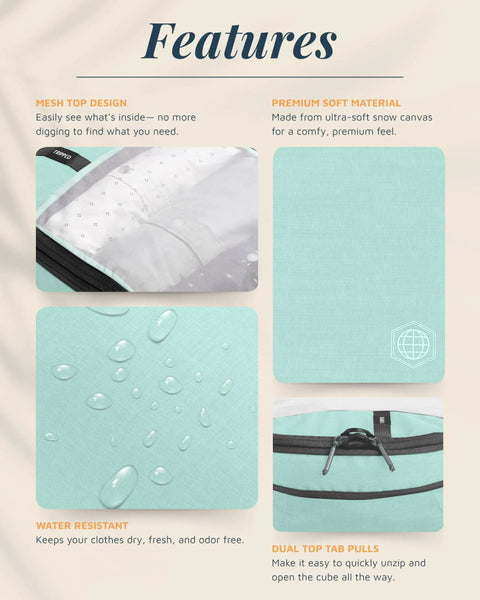 Features of Compression Packing Cubes For Travel 6-Piece Premium Set With Laundry And Shoe Bag, Dusty Teal Mesh material details.