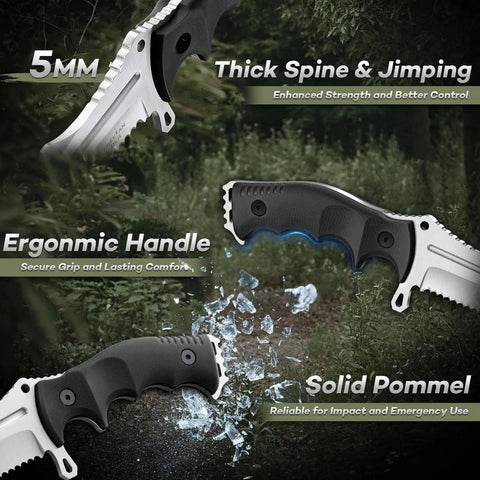 Rugged Fixed Blade Survival Knife With D2 Steel Full Tang Outdoor Bushcraft Knife, ergonomic handle, solid pommel.