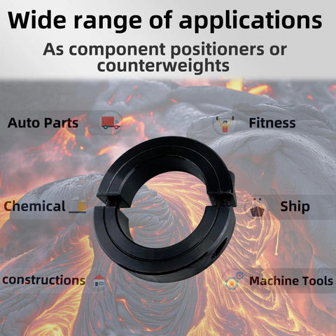 Beefy Heavy Duty Clamp On Set Screw Collar With 2 Inch Bore shown with various application icons and background image.