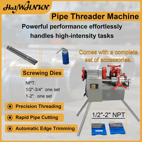 Kickass 110V Electric Pipe Threader Machine Cranks Out 1/2 To 2 Inch Npt Steel Copper Pipelines With Speedy Cutting Trimming Dies Built Heavy Duty For Tradesmen, features tools and accessories.